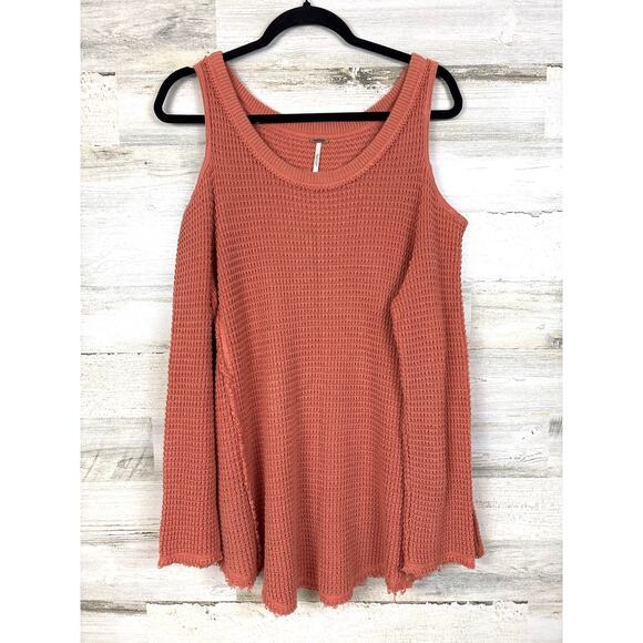 Free People Women’s L Pale Orange Sunrise Cold Shoulder Oversized Waffle Sweater - Picture 2 of 6